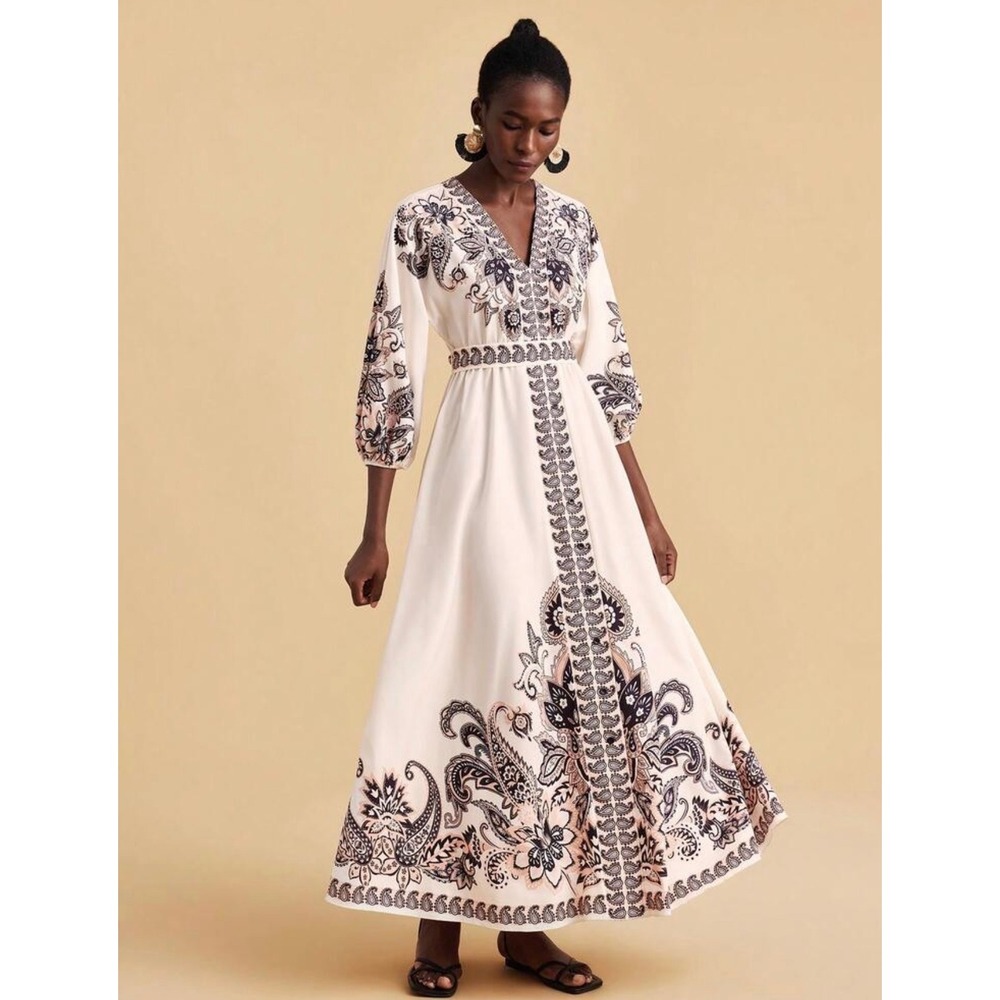 Boho‎ Paisley Print V-Neck Maxi Dress Cream Black Peach Puff Sleeve Size L
